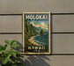 A vintage-style metal sign with the text "MOLOKAI" and "HAWAII" is displayed on a wall, with a plant to the left.