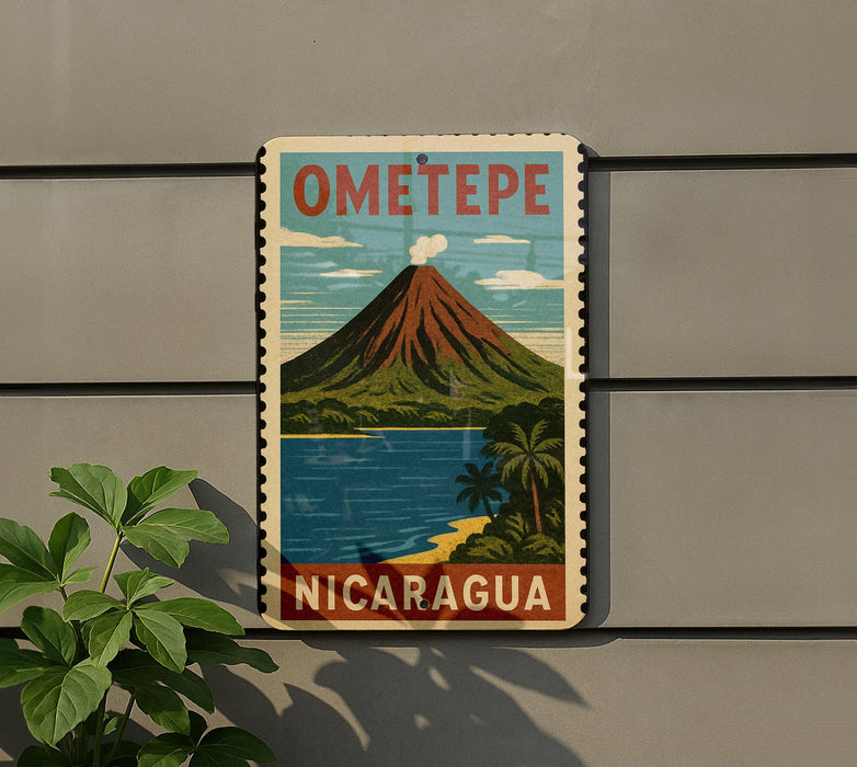 A vintage-style metal sign with a colorful illustration of a mountain, a lake, and palm trees, mounted on a gray wall.