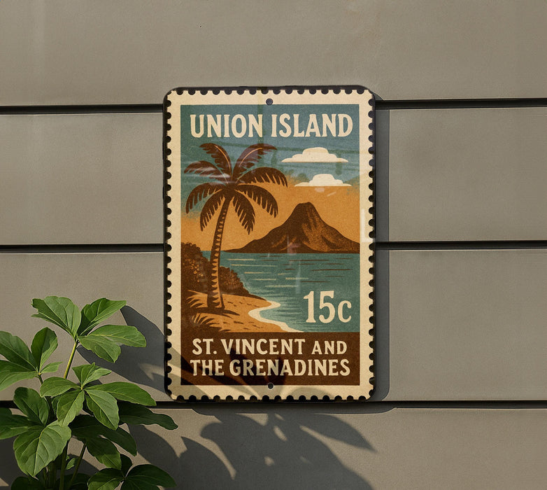 A vintage-style postage stamp from Union Island, featuring a palm tree and a mountain landscape, with the text "UNION ISLAND" and "15c" printed on it.