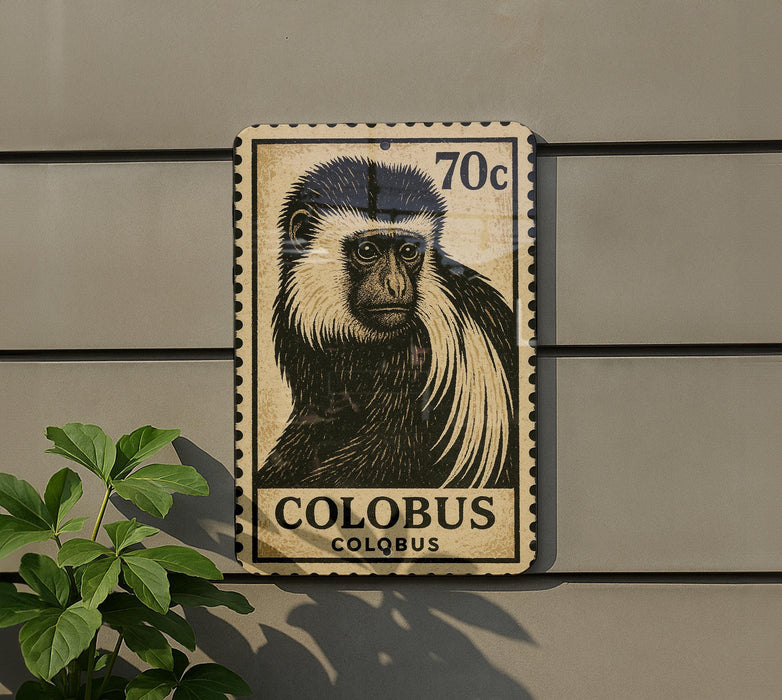 A metal plaque featuring a close-up of a colobus monkey, with a postage stamp-like design.