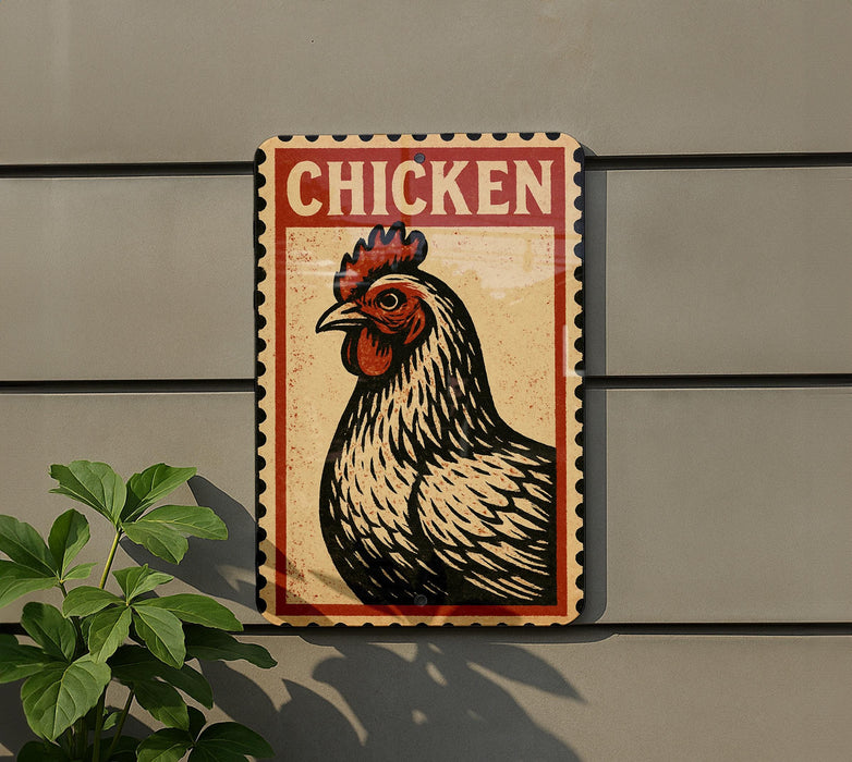 A vintage-style sign featuring a rooster is mounted on a wall, with a plant visible to the left.