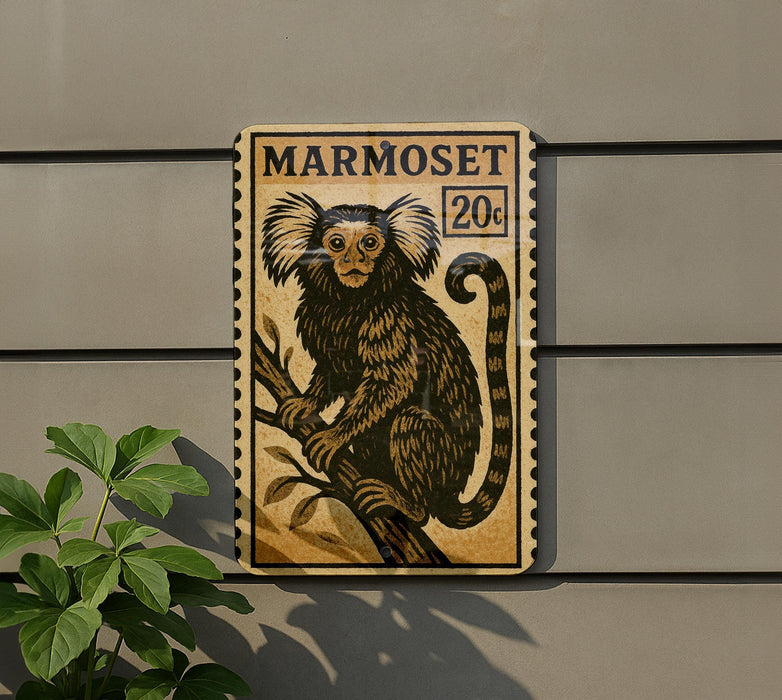 a wooden plaque with a monkey illustration, mounted on a wall next to a plant.