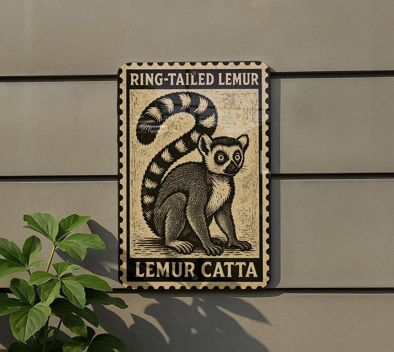 A framed image of a lemur, a type of primate, is displayed on a wall next to a plant.