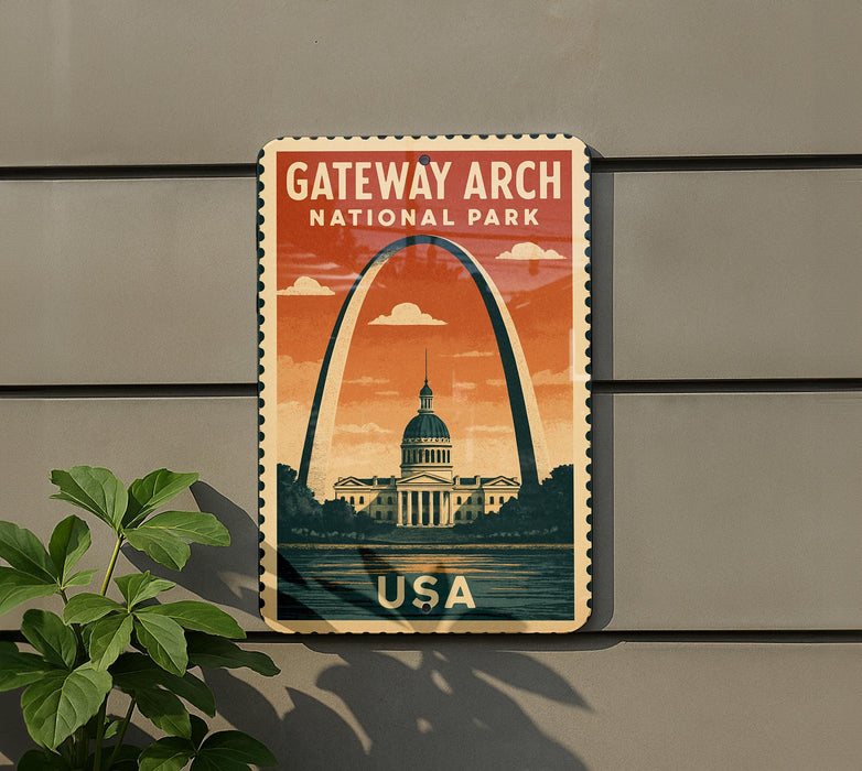 A vintage-style postage stamp featuring the Gateway Arch, a famous landmark in Gateway Arch National Park, with the text " Gateway Arch National Park USA" printed on it.