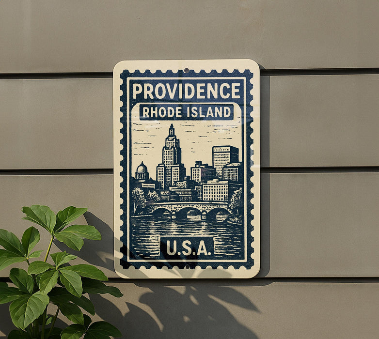 A sign that reads "PROVIDENCE RHODE ISLAND" and "U.S.A.", featuring a cityscape illustration, is mounted on a wall next to a plant.