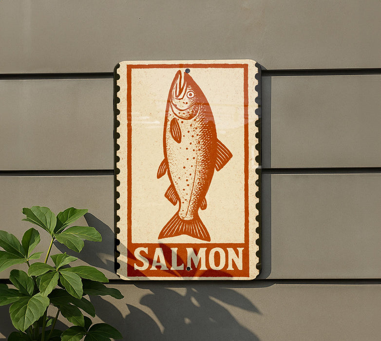 a sign with a fish illustration and the word "SALMON" written below it.
