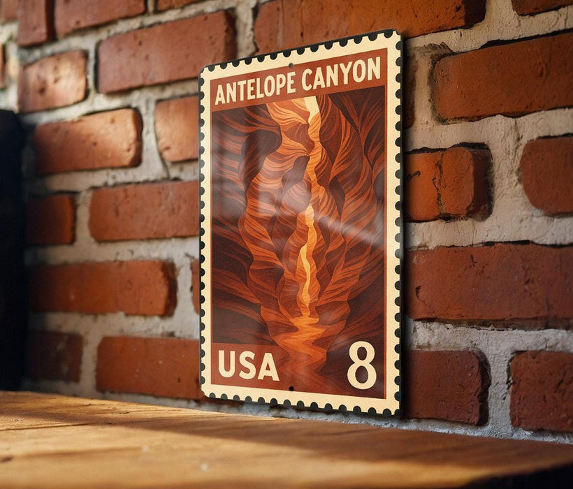 A vintage-style postage stamp featuring the Antelope Canyon, a famous natural landmark in the United States.