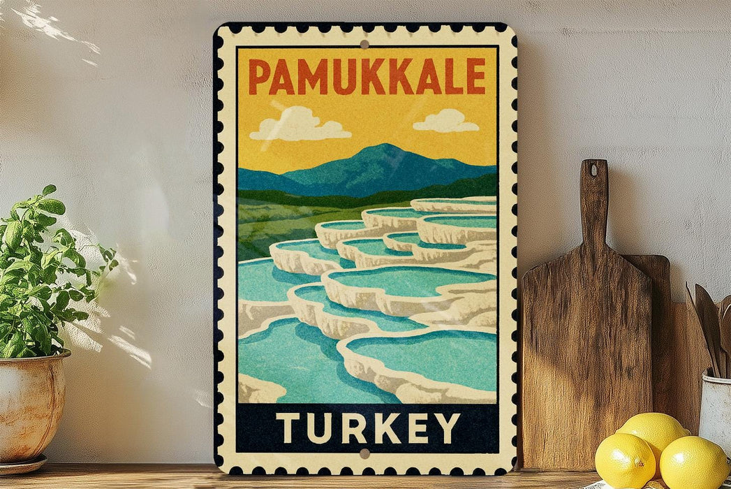 A vintage-style poster of Pamukkale, a famous geyser in Turkey, displayed on a wall next to a wooden cutting board and some potted plants.