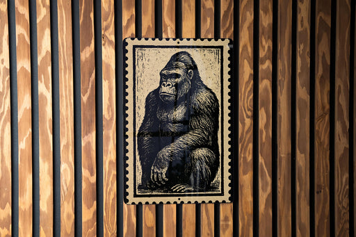 A metal sign featuring a black and white illustration of a gorilla is mounted on a wooden wall.