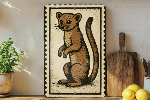 a wooden cutting board, a potted plant, and a framed illustration of a brown cat.