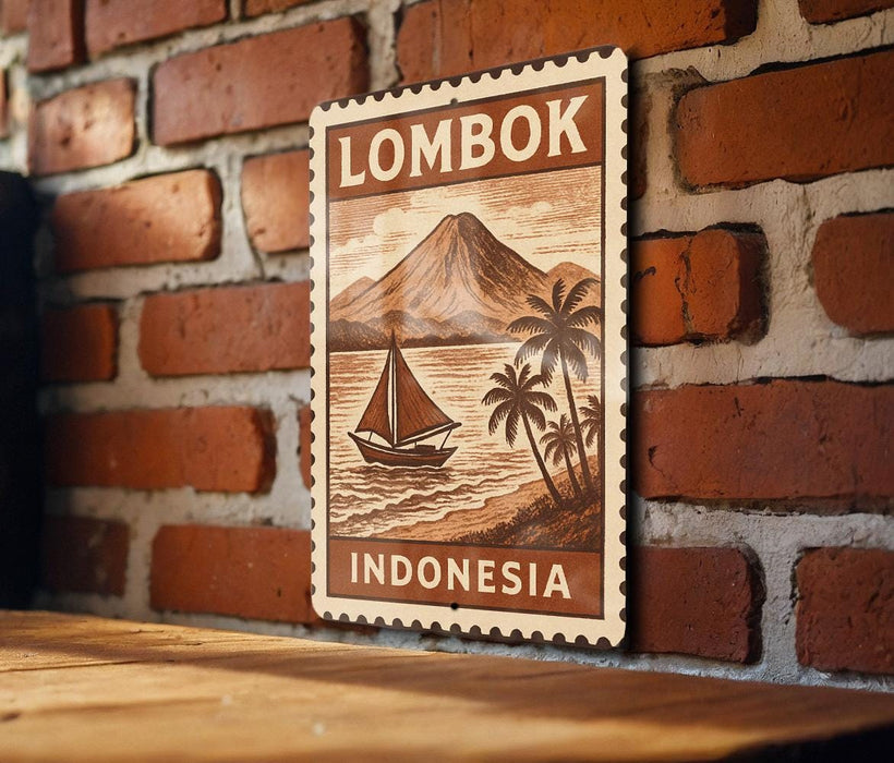 a wooden sign with a vintage-style illustration of a sailboat and palm trees, mounted on a brick wall.