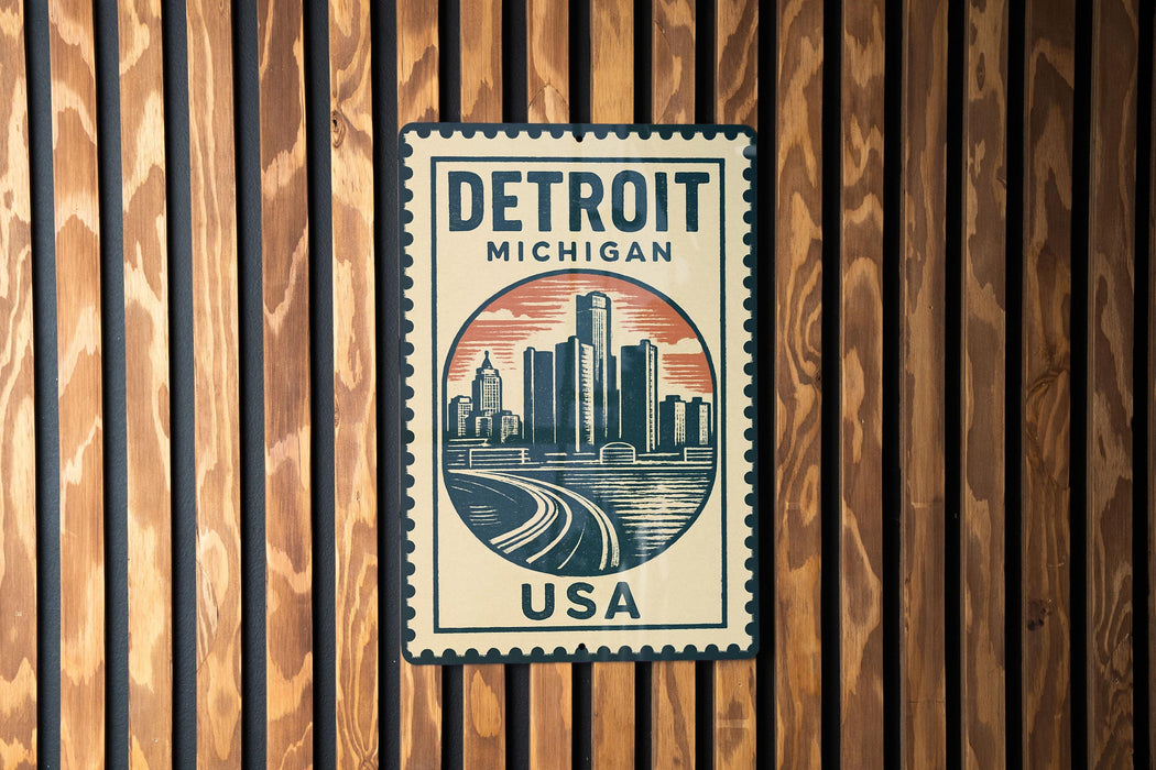 A metal sign with the text "DETROIT MICHIGAN USA" and an illustration of a city skyline.