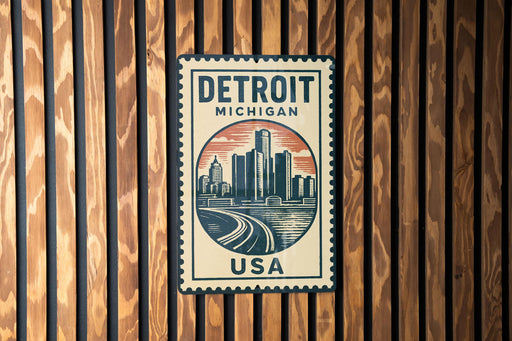 A metal sign with the text "DETROIT MICHIGAN USA" and an illustration of a city skyline.