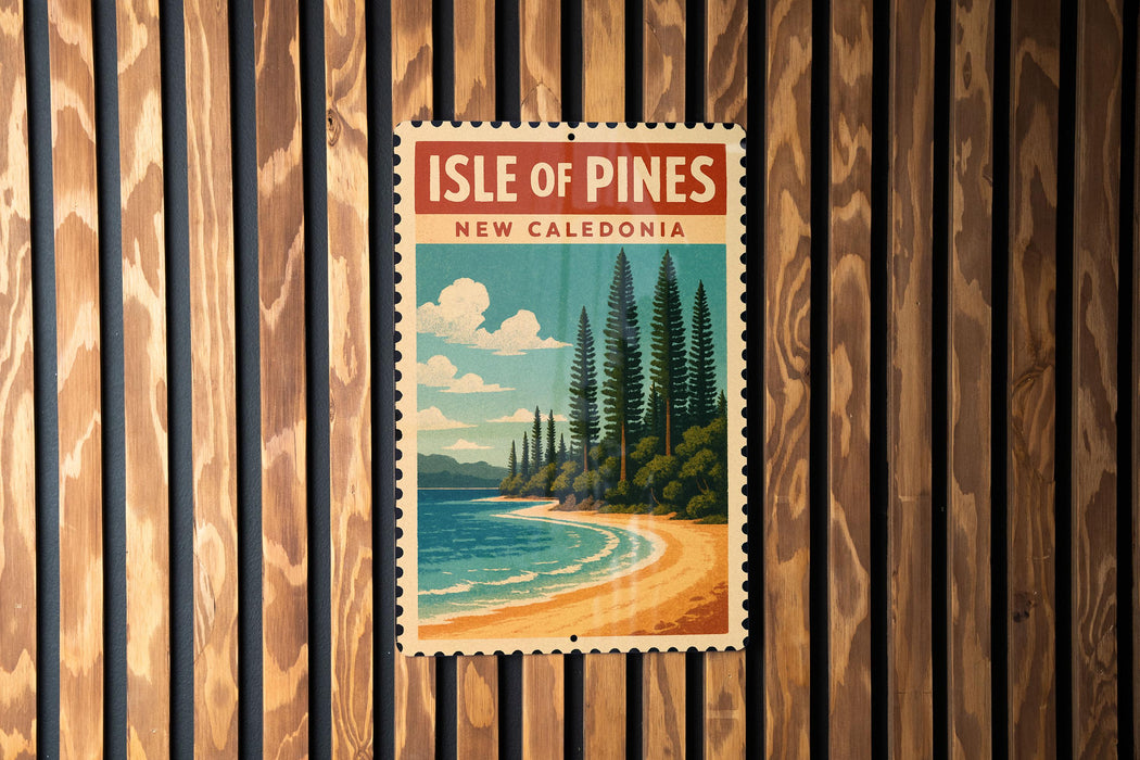 A vintage-style poster of the Isle of Pines in New Caledonia is displayed on a wooden wall.