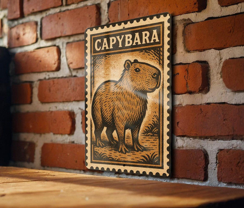 a wooden table with a metal sign featuring a cartoon illustration of a capybara, a type of rodent.