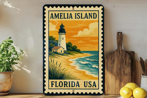 A vintage-style metal sign with a lighthouse and beach scene, mounted on a wall next to a wooden cutting board and a potted plant.