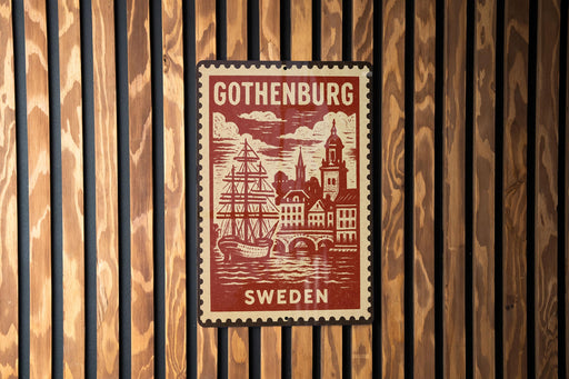 A vintage postage stamp from Gothenburg, Sweden, featuring a ship and a cityscape, is displayed on a wooden wall.