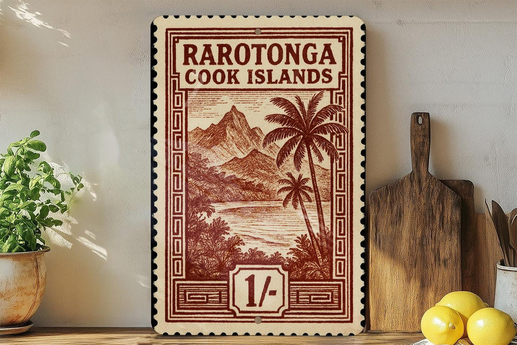 a framed print of a tropical island landscape, with a palm tree and mountains in the background, placed on a shelf next to a wooden cutting board and a potted plant.