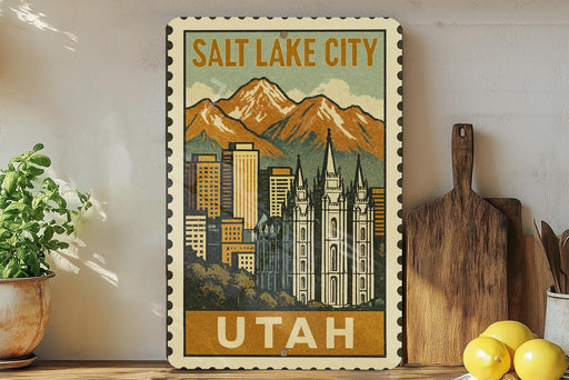 A framed vintage-style poster of Salt Lake City, Utah, featuring a mountain landscape with a city skyline in the background.