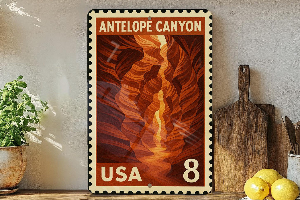 A framed poster of Antelope Canyon, a famous canyon in the United States, is displayed on a shelf next to a wooden cutting board and some lemons.