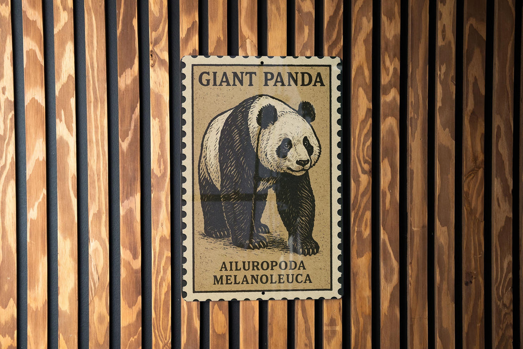 A framed image of a panda bear is displayed on a wooden wall.