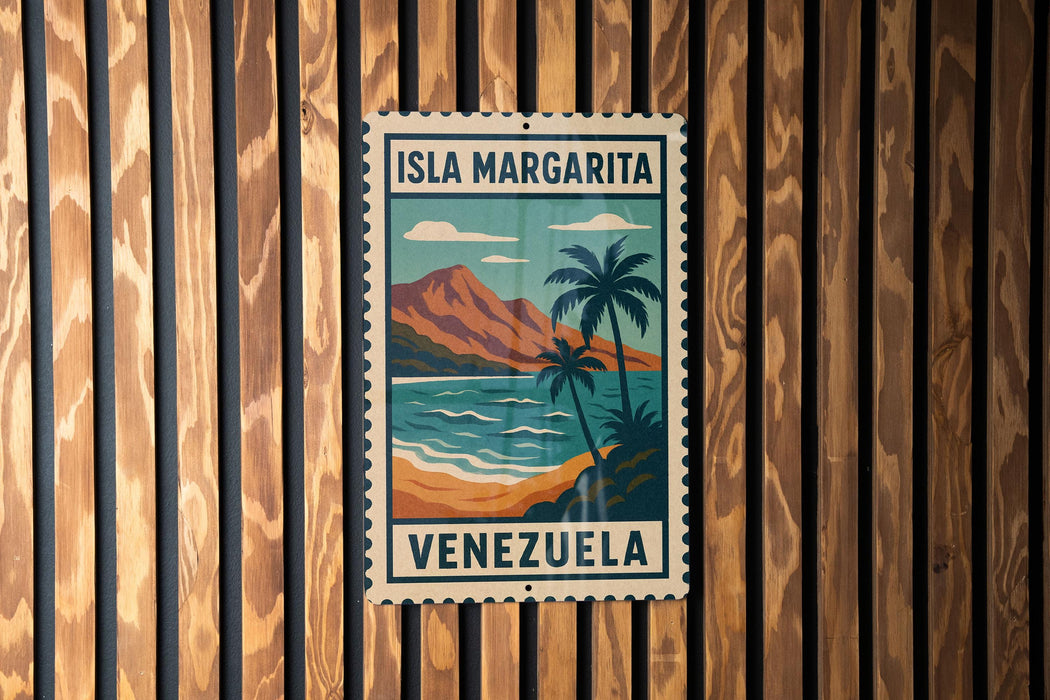 A vintage-style poster of the island of Isla Margarita, located in Venezuela, is displayed on a wooden wall.