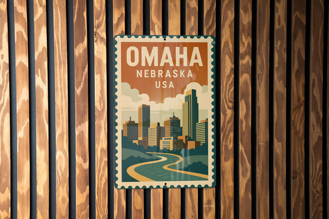 A vintage-style metal sign displaying the text "OMAHA NEBRASKA USA" with an illustration of a cityscape.