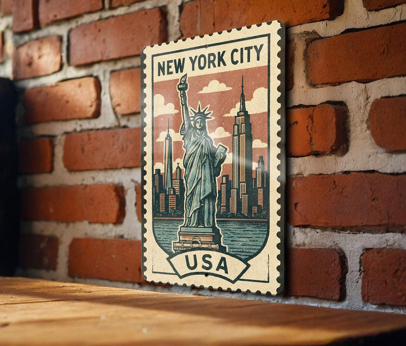 A vintage-style postage stamp featuring the Statue of Liberty in New York City, with the text "NEW YORK CITY USA" prominently displayed.