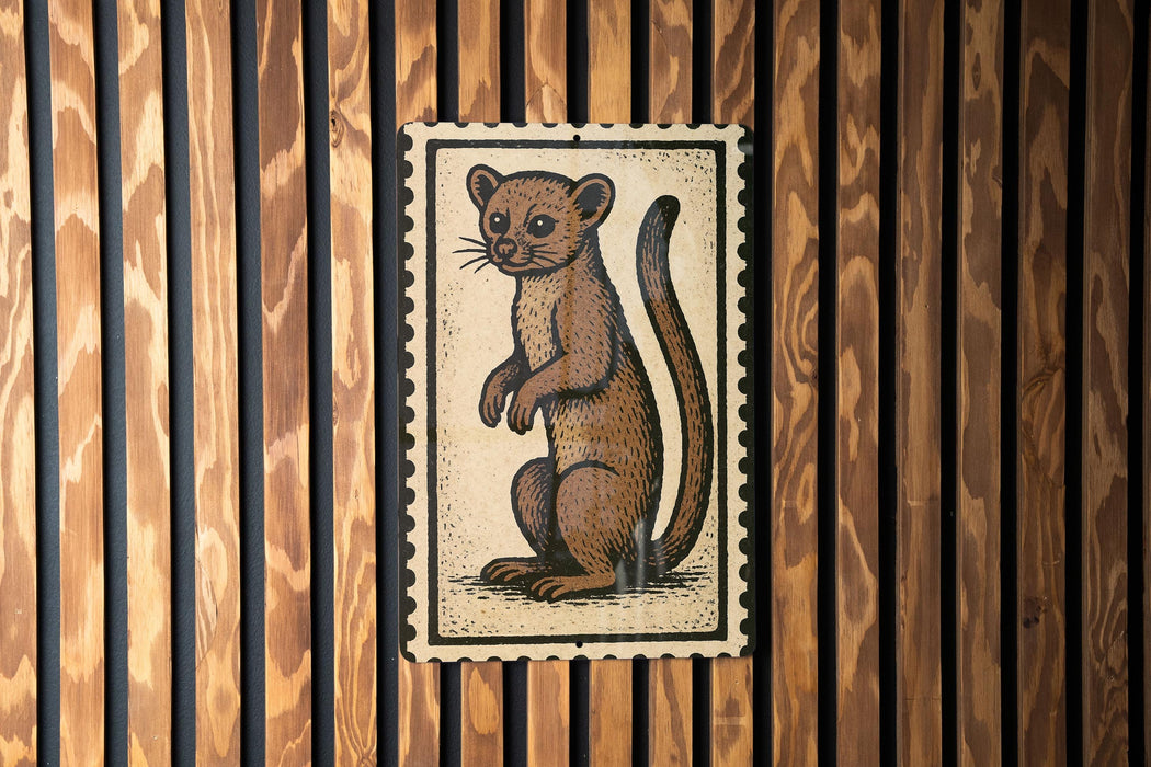a wooden wall with a framed illustration of a brown animal, possibly a rodent or a small mammal, mounted on it.