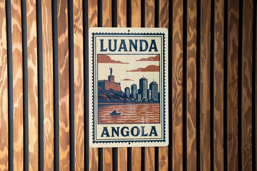 A metal sign with the text "LUANDA ANGOLA" and an illustration of a city skyline, mounted on a wooden wall.