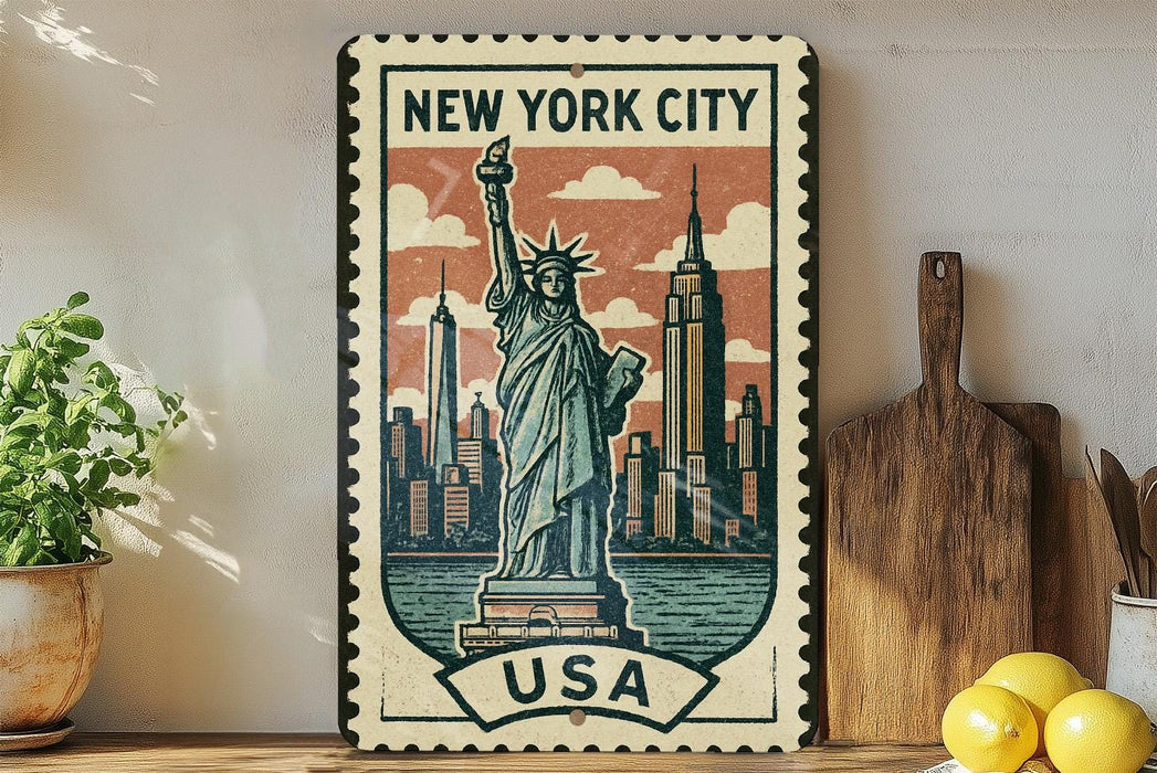 A vintage-style metal sign featuring the Statue of Liberty and New York City skyline, with the text "NEW YORK CITY USA" prominently displayed.