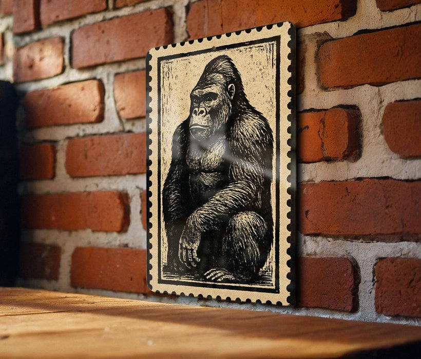 A framed image of a gorilla is displayed on a brick wall.