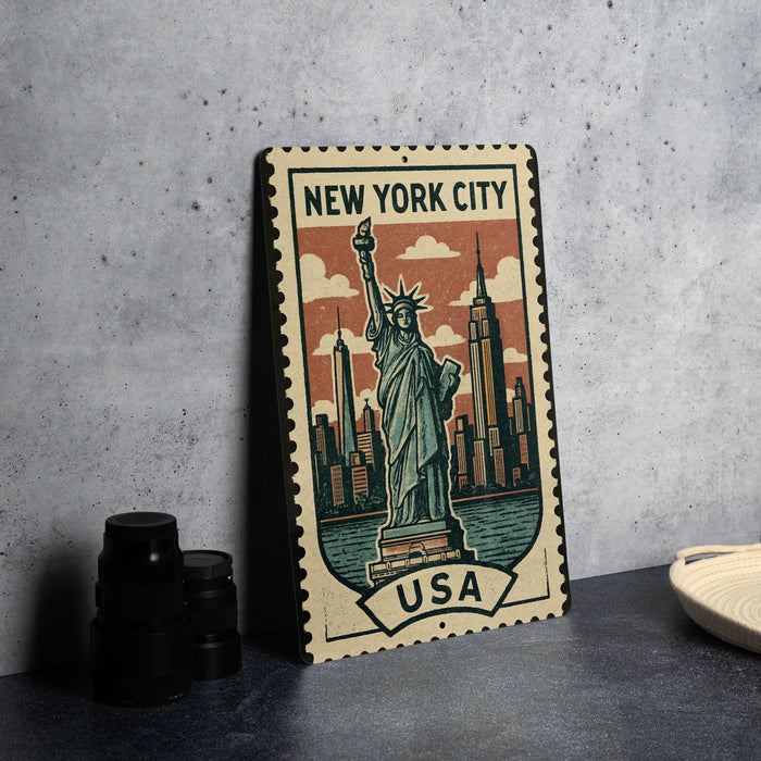 A metal sign featuring the Statue of Liberty and New York City skyline, with the text "NEW YORK CITY USA" printed on it.