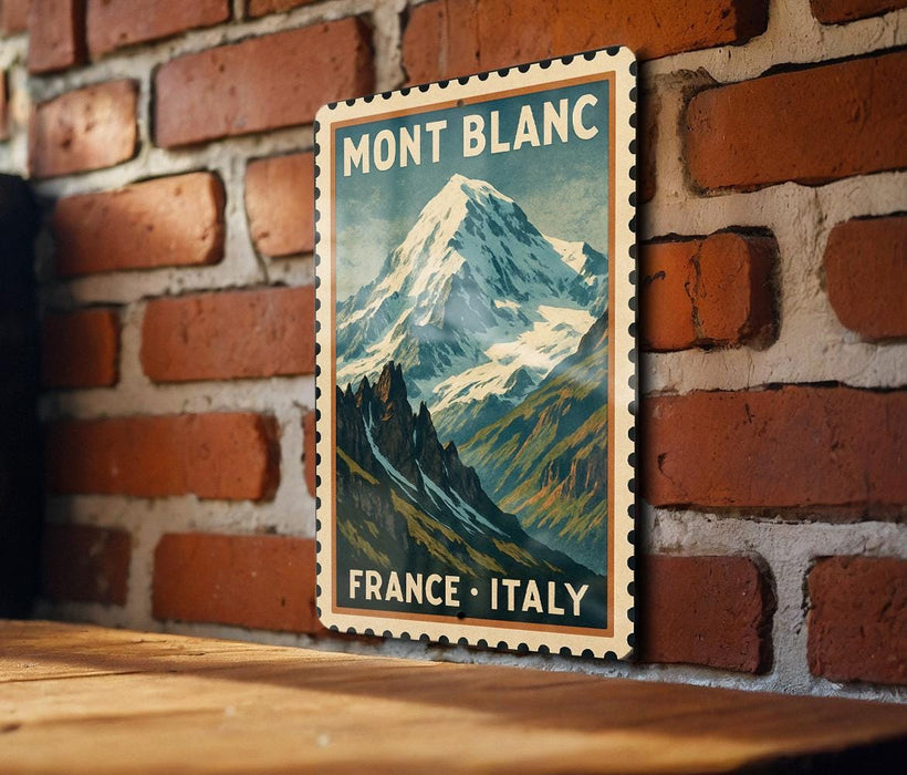 A vintage-style poster of a mountain landscape with the text "MONT BLANC FRANCE ITALY" displayed on a brick wall.