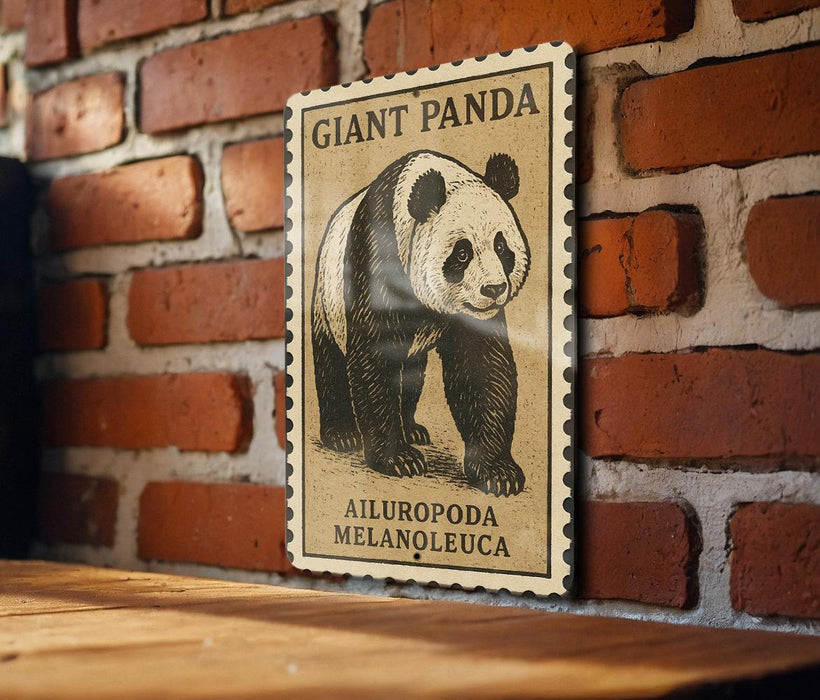 A poster of a panda bear is displayed on a brick wall, with the text "GIANT PANDA" and "AILUROPODA MELANOLEUCA" printed on it.