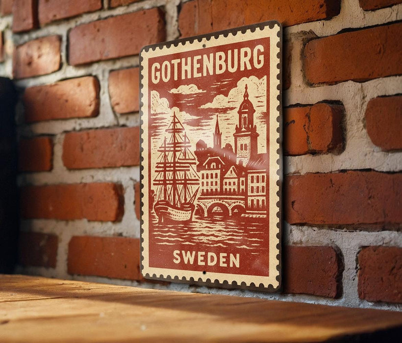 A vintage-style metal sign with a ship illustration and the text "GOTENBURG SWEDEN" is displayed on a brick wall.