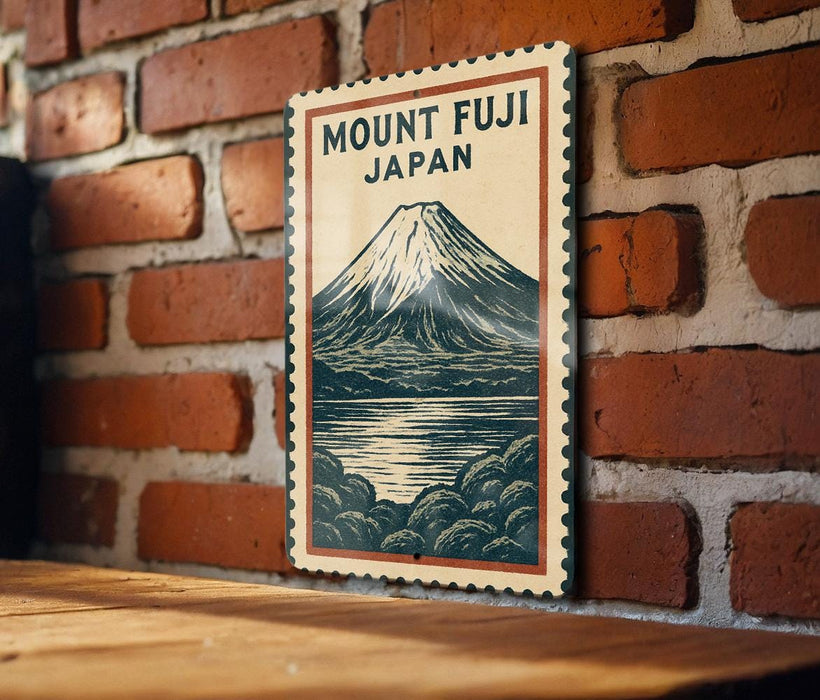 Mount Fuji Japan postage stamp is displayed on a brick wall.