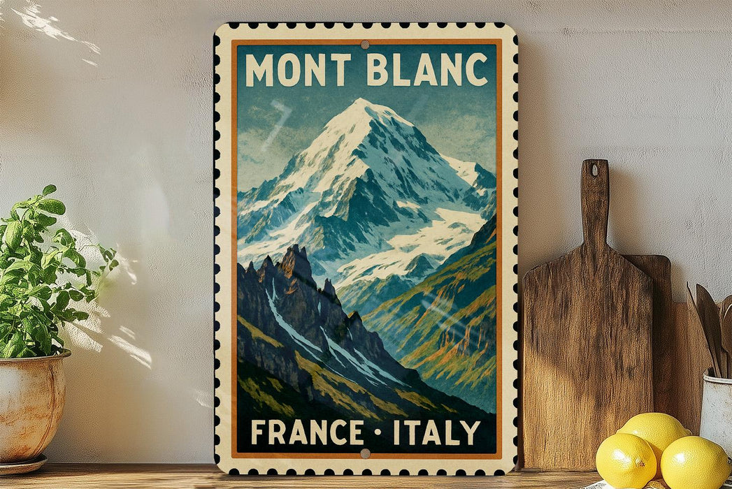 A vintage-style poster of the French Alps, featuring a mountain landscape with snow-capped peaks, is displayed on a wall next to a wooden cutting board and some potted plants.