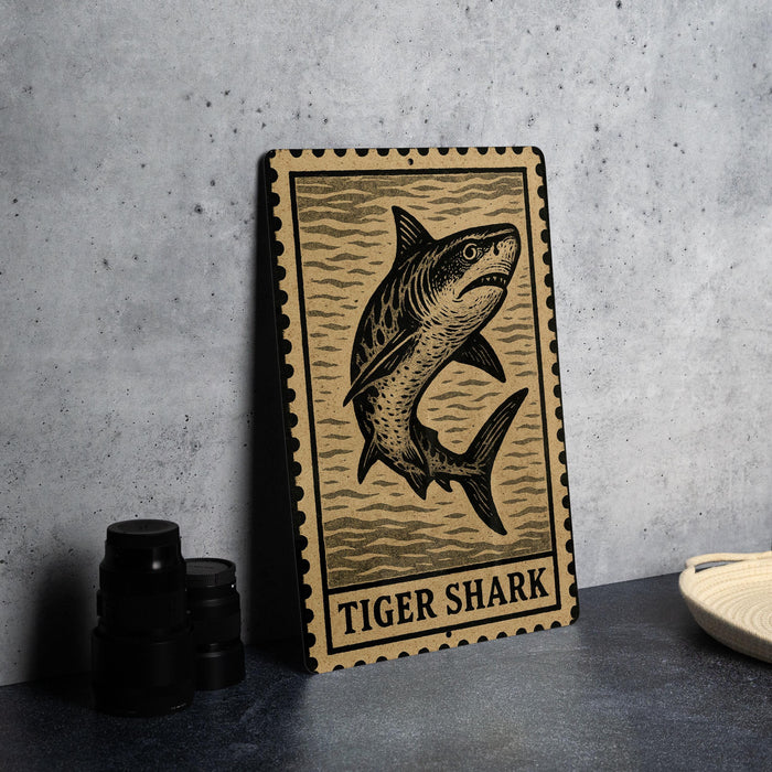 A framed image of a tiger shark is displayed on a wall, with a stack of black camera lenses to the left and a white plate to the right.