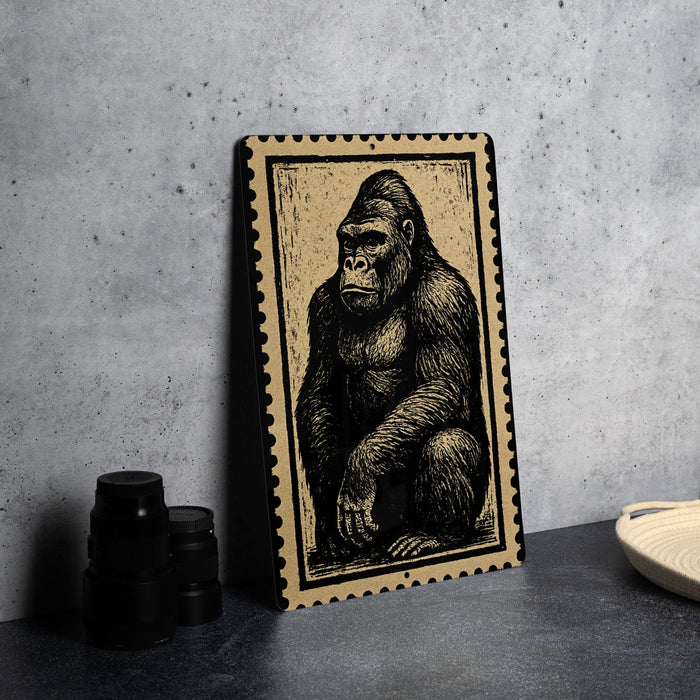 a framed illustration of a gorilla sitting on a countertop.