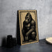a framed illustration of a gorilla sitting on a countertop.