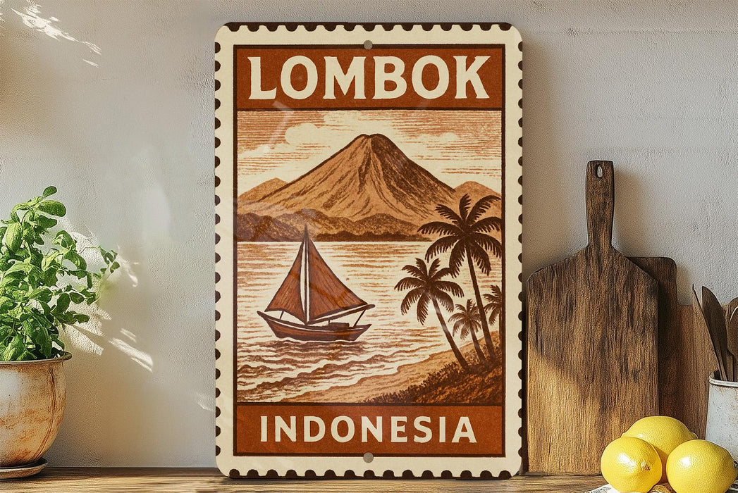 a vintage-style sign with a tropical island scene, including a sailboat, palm trees, and a mountain, along with the text "LOMBOK INDONESIA".