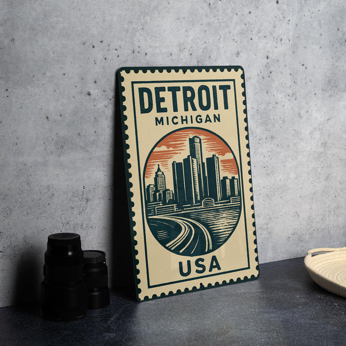 A metal sign with a cityscape and text, likely representing Detroit, Michigan, USA.