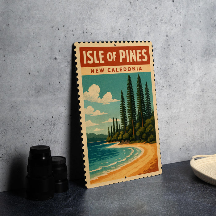 A vintage-style poster of the Isle of Pines in New Caledonia, featuring a beach, pine trees, and a body of water.