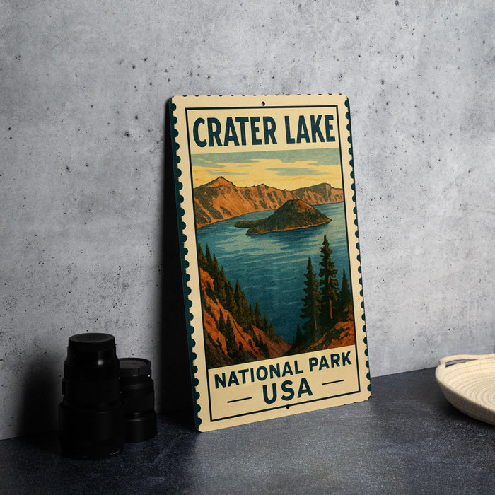 A vintage-style sign for Crater Lake National Park, USA, featuring a scenic illustration of the lake and surrounding mountains.