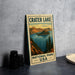A vintage-style sign for Crater Lake National Park, USA, featuring a scenic illustration of the lake and surrounding mountains.