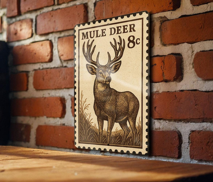 A wooden table with a framed image of a mule deer on it, mounted on a brick wall.