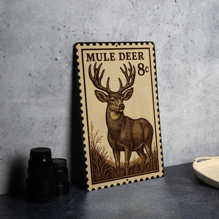A metal sign featuring a mule deer with antlers, placed on a countertop next to some black camera lenses.