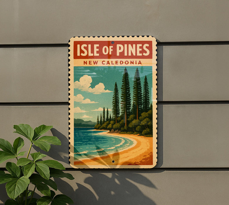 A vintage-style sign for the Isle of Pines, New Caledonia, featuring a scenic landscape with pine trees, a beach, and a body of water.