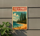 A vintage-style sign for the Isle of Pines, New Caledonia, featuring a scenic landscape with pine trees, a beach, and a body of water.